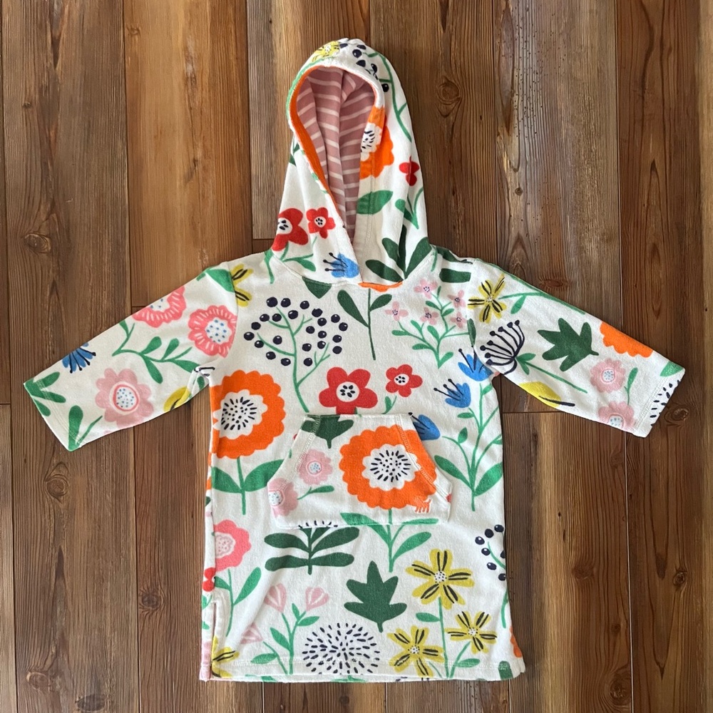 Mini Boden White Hooded Swim Coverup with Bright Floral Print